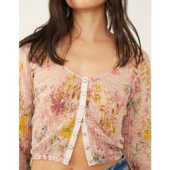 Free People We The Free Angelina Lace Top in Light Pink Yellow Floral Combo XL - Picture 1 of 11
